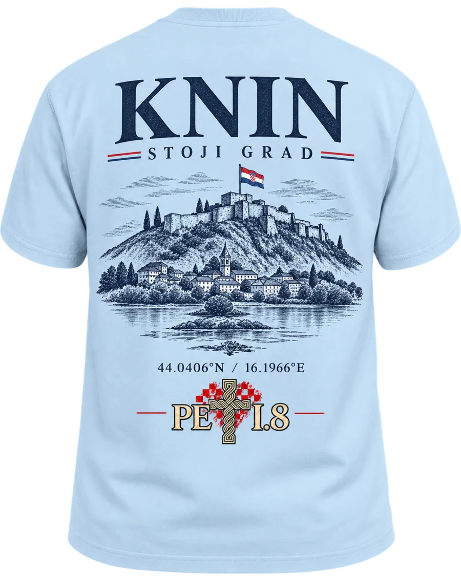 PETI.8 svijetlo plava majica Knin — Stoji grad, stražnja strana s printom